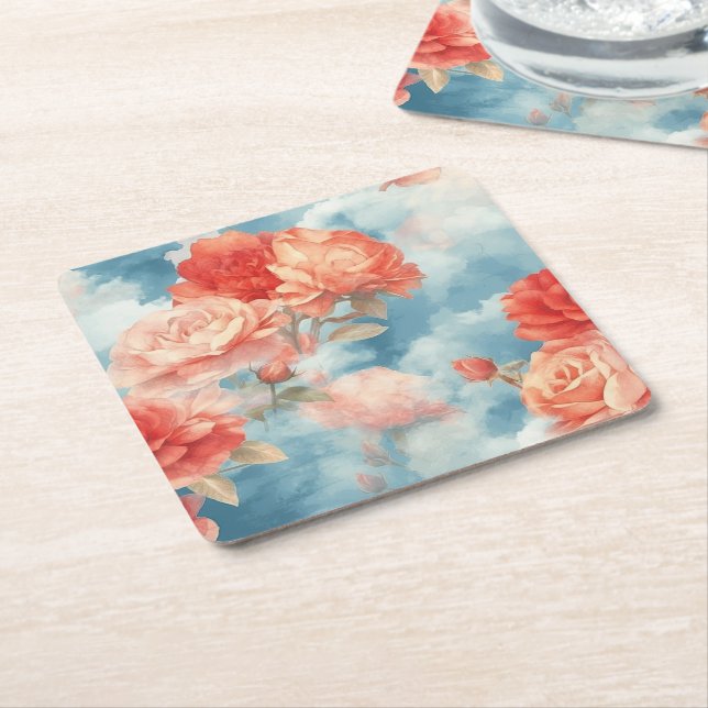 Classics - Angelic Pink and Red Roses in soft clou Square Paper Coaster (Angled)
