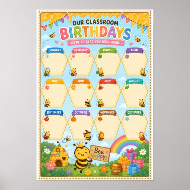 Classroom Birthday Poster Display Bee Themed (Front)