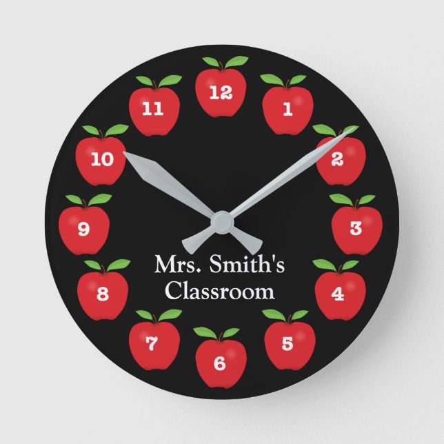 Classroom Clock with Apples on Black (Front)
