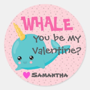 Classroom Narwhal Valentine "Whale you be mine" Classic Round Sticker