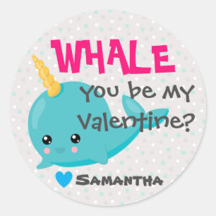 Classroom Narwhal Valentine "Whale you be mine" Classic Round Sticker