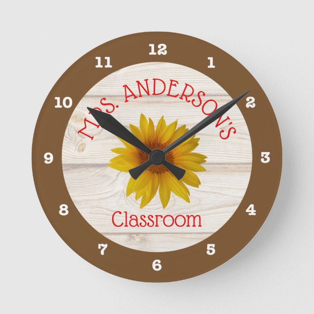 Classroom Rustic Daisy Teacher Round Clock (Front)