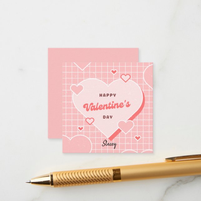 Classroom Valentine Pink and White Grid Design Enclosure Card (Front/Back In Situ)