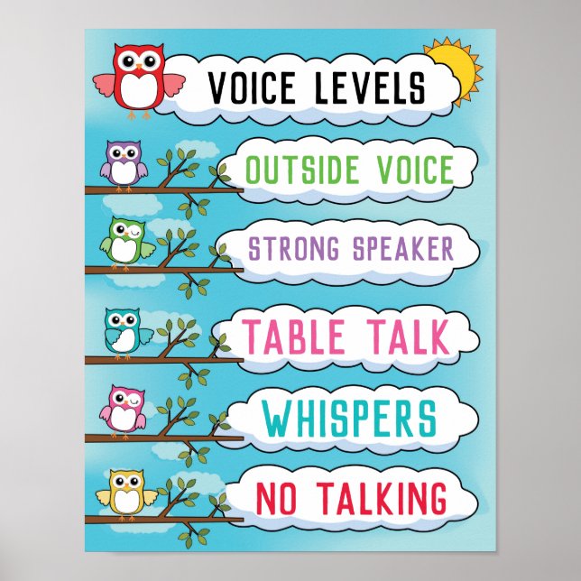 Classroom Voice Level Chart in Cute Owl Theme (Front)