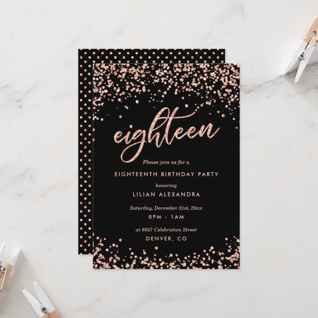 Classy 18th Birthday Invitation Rose Gold Confetti (Front/Back In Situ)