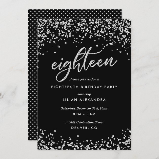 Classy 18th Birthday Invitation, Sparkly Confetti Invitation (Front/Back)