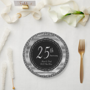 Classy 25th Silver and Black Wedding Anniversary Paper Plate