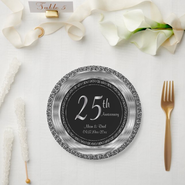 Classy 25th Silver and Black Wedding Anniversary Paper Plate (Wedding)
