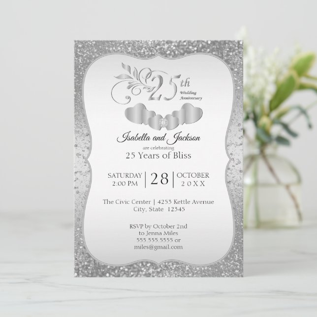 Classy 25th Silver Glitter Anniversary Invitation (Standing Front)