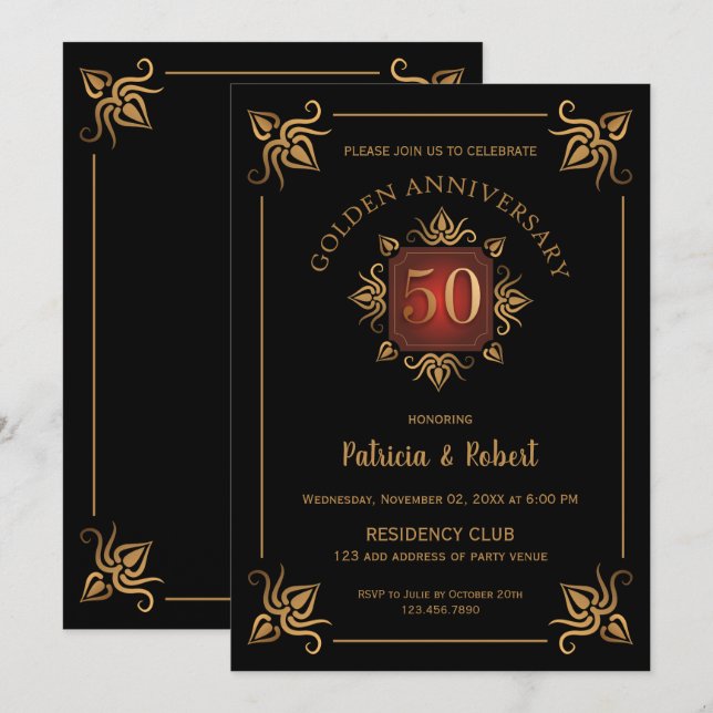 Classy  50th Wedding Anniversary Black And Gold Invitation (Front/Back)