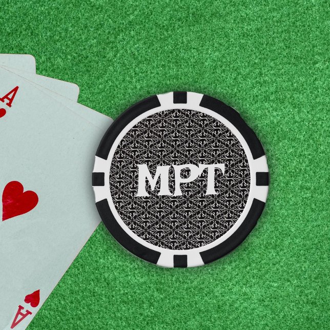 Classy Abstract Pattern of black White Damask Poker Chips (Classy damask pattern in black and white with white scroll diamond shapes on poker chips.)