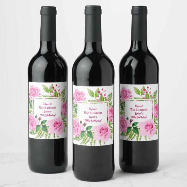 Classy and Beautiful Pink Roses 70th Birthday Wine Label (Bottles)