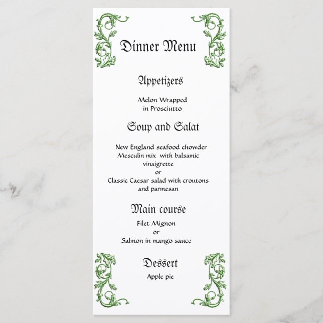 Classy and eleganet green wedding dinner menu (Front)