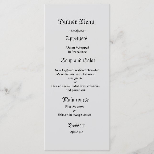 Classy and elegant grey white wedding dinner menu (Front)