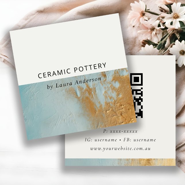 Classy Aqua Blue Gold Oil Paint Texture QR Code Square Business Card (Creator Uploaded)