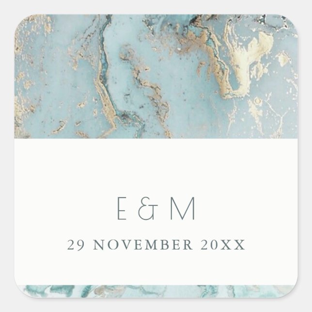 CLASSY AQUA DUSKY BLUE GOLD AGATE MONOGRAM WEDDING SQUARE STICKER (Front)