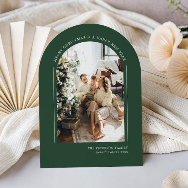 Classy Arched Green Modern Christmas Family Photo Holiday Card (Creator Uploaded)