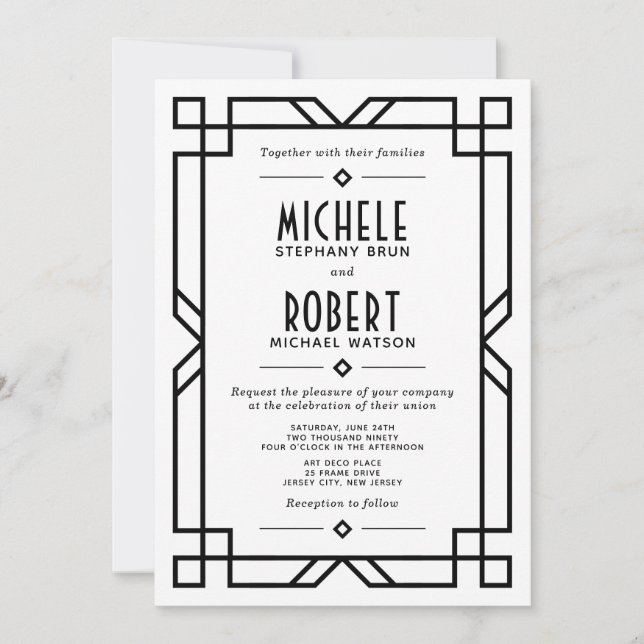 Classy Art Deco Modern Black Frame White Wedding Invitation (Front)