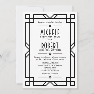 Classy Art Deco Modern Black Frame White Wedding Invitation