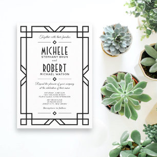 Classy Art Deco Modern Black Frame White Wedding Invitation