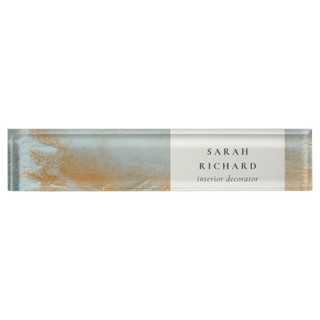 Classy Artistic Aqua Blue Gold Oil Paint Business Nameplate (Front)