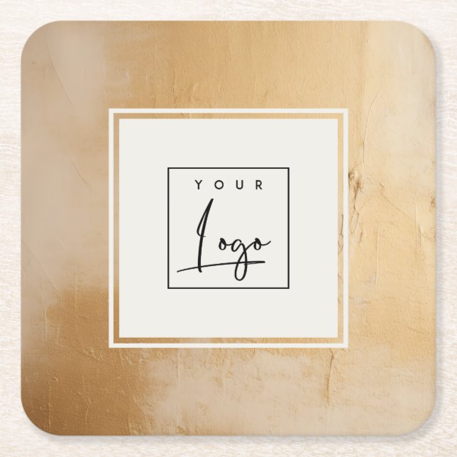 Classy Artistic Beige Gold Oil Paint Texture Logo Square Paper Coaster (Front)