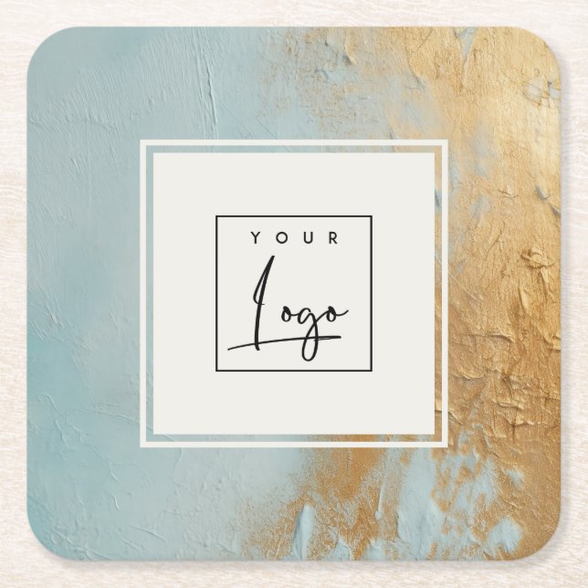Classy Artistic Blue Gold Oil Paint Texture Logo Square Paper Coaster (Front)