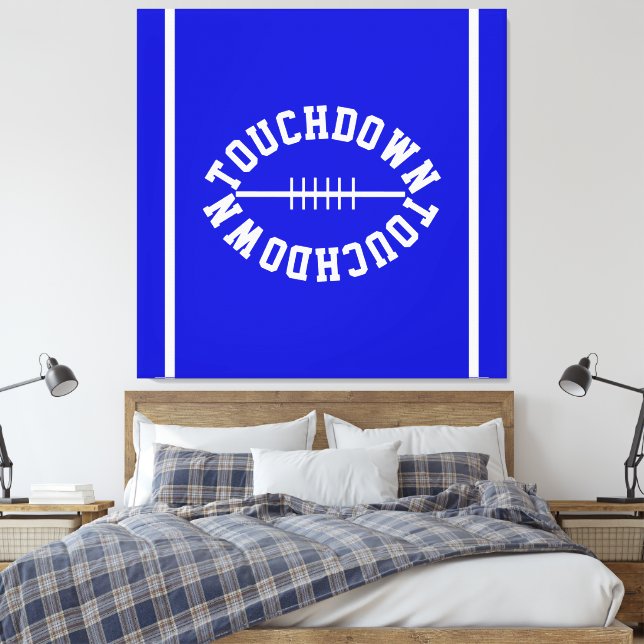 Classy Athletic TOUCHDOWN Stripes On Royal Blue Canvas Print (Insitu(Bedroom))