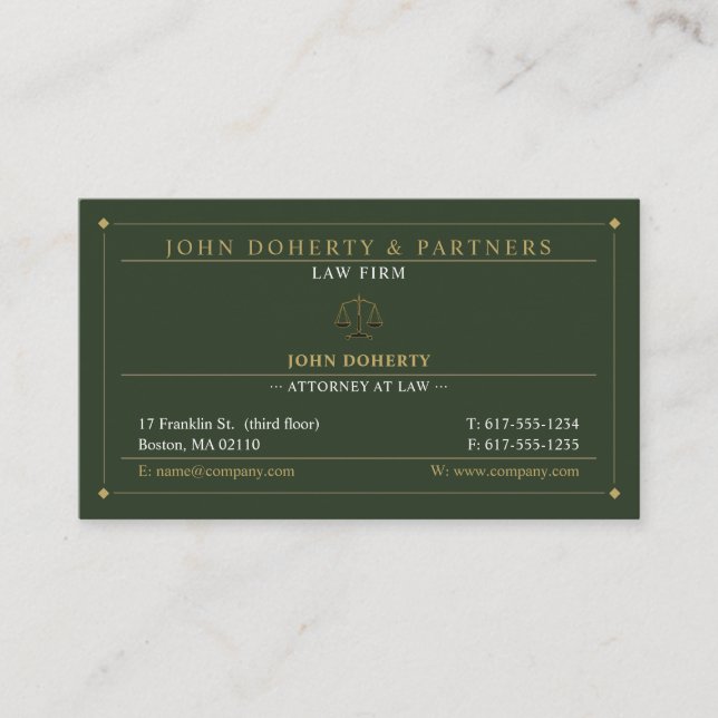 Classy Attorney at Law | Lawyer Gold Green Business Card (Front)