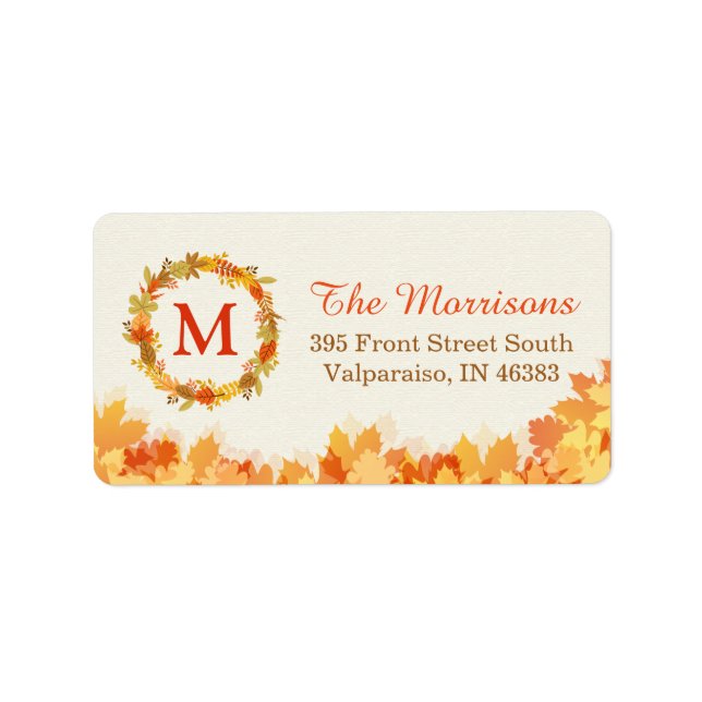 Classy Autumn Gold Red Leaves Wreath Monogram Label (Front)