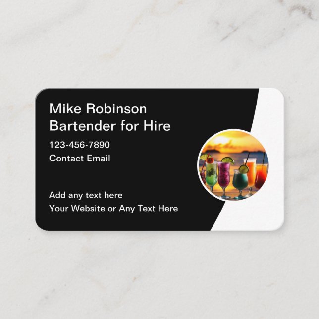 Classy Bartender For Hire Business Card (Front)
