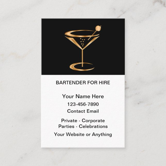 Classy Bartender For Hire  Business Card (Front)