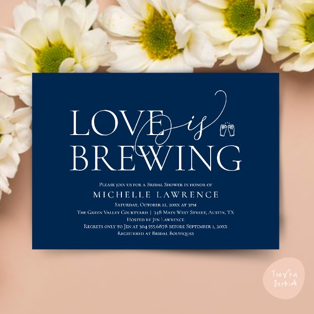 Classy Beer Party Bridal Shower, Love is brewing Invitation (Classy Beer Party Bridal Shower, Love is brewing modern romantic invites Card PDF in Navy Blue)