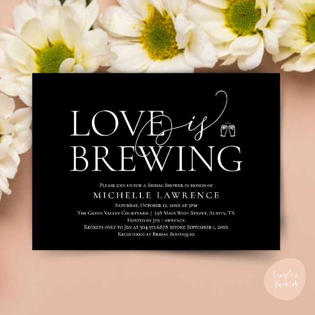 Classy Beer Party Bridal Shower, Love is brewing Invitation (Classy Beer Party Bridal Shower, Love is brewing modern romantic invites Card PDF in Black white)