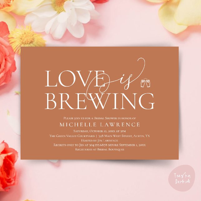 Classy Beer Party Bridal Shower, Love is brewing Invitation (Classy Beer Party Bridal Shower, Love is brewing modern romantic invites Card PDF in Copper Brown)