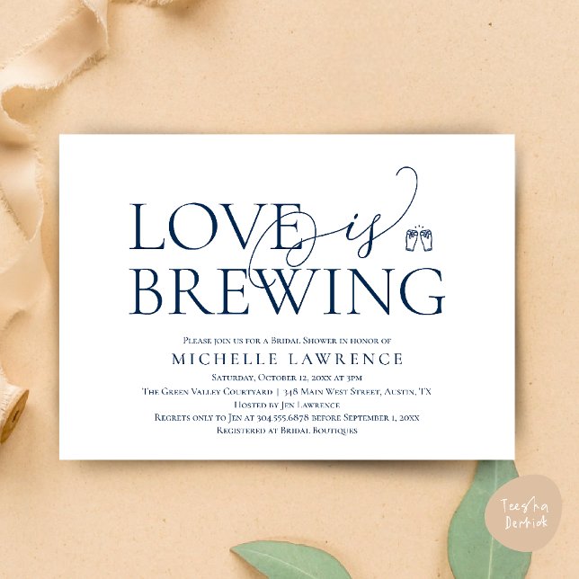 Classy Beer Party Bridal Shower, Love is brewing Invitation (Classy Beer Party Bridal Shower, Love is brewing modern romantic invites Card PDF in Navy Blue)