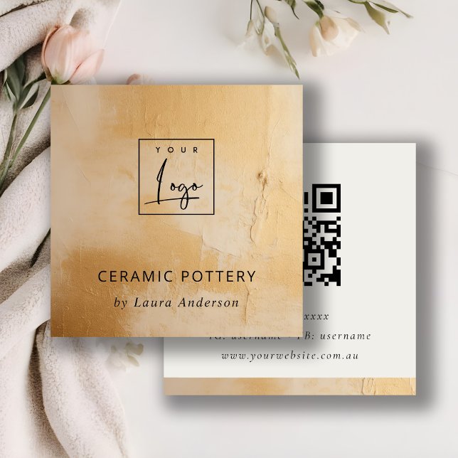 Classy Beige Gold Oil Paint Texture Logo QR Code Square Business Card (Creator Uploaded)