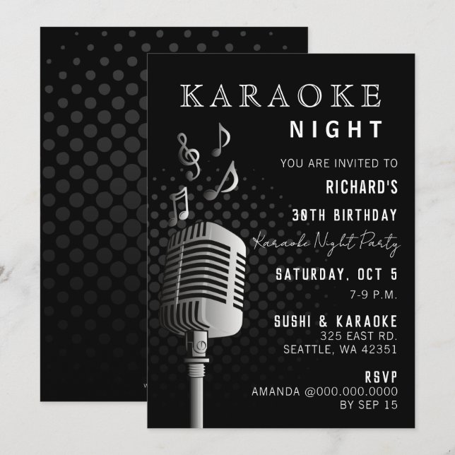 Classy Black 30th Birthday Karaoke Night Party Invitation (Front/Back)
