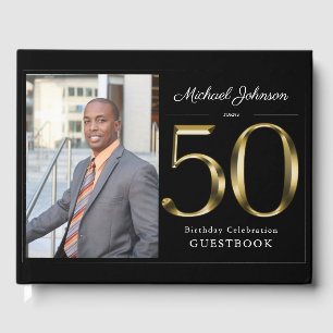 Classy Black 50th Solid Gold Custom Photo Birthday Guest Book