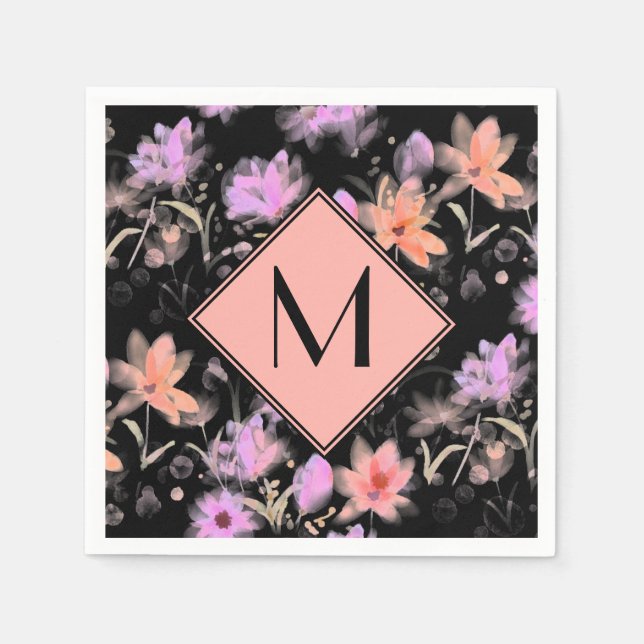Classy Black and Blush Coral Pink Floral Monogram Napkin (Front)