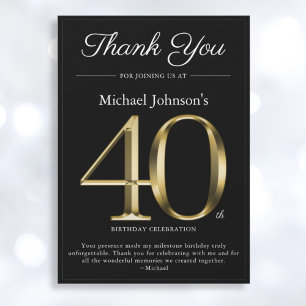 Classy Black and Gold 40th Birthday Thank You Card