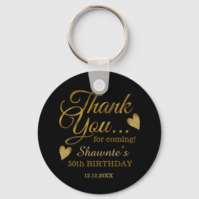 Classy Black And Gold 50th Birthday Name Thank You Key Ring (Front)