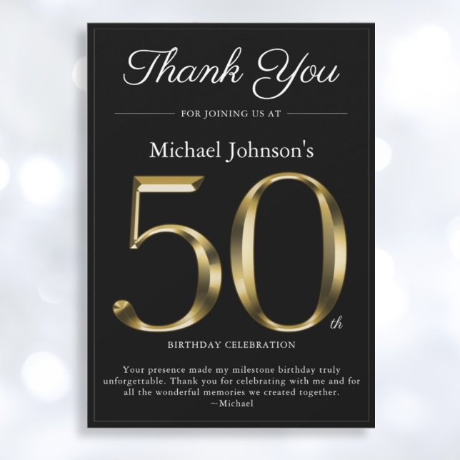 Classy Black and Gold 50th Birthday Thank You Card (Mockup View)