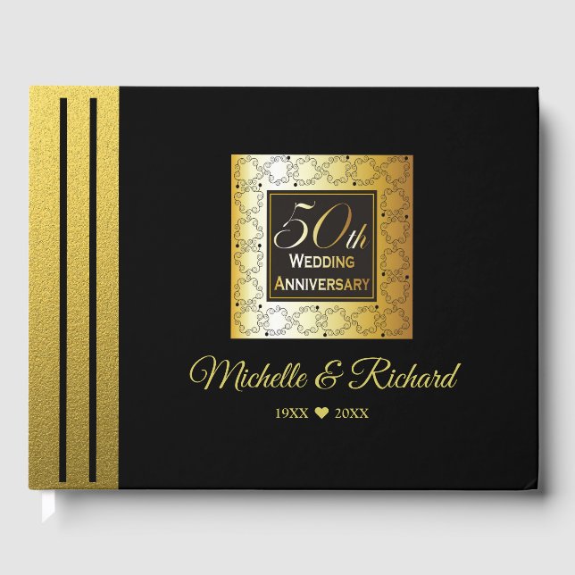 Classy Black And Gold 50th Wedding Anniversary Guest Book (Front)