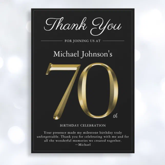 Classy Black and Gold 70th Birthday Thank You Card | Zazzle