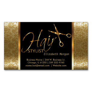 Classy Black and Gold Damask Hair Stylist Magnetic Business Card