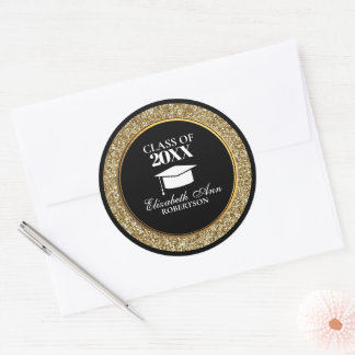 Classy Black and Gold Glittery Graduation Classic Round Sticker