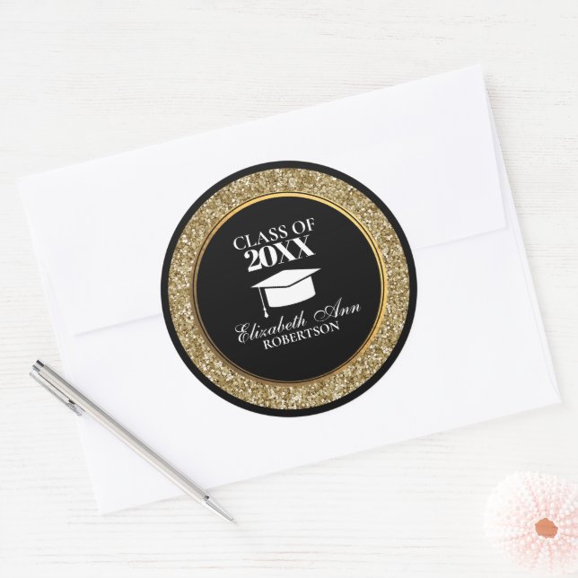 Classy Black and Gold Glittery Graduation Classic Round Sticker (Envelope)