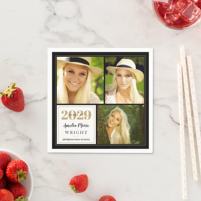 Classy Black and Gold Personalised Graduation Napkin (Insitu)
