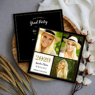 Classy Black and Gold Photo Collage Graduation Invitation